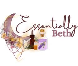 Essentially Beth logo featuring a crescent moon, flowers, essential oil bottles, and energy-healing light, holistic wellbeing, aromatherapy, energy healing, sacred ceremonies, Cornwall.