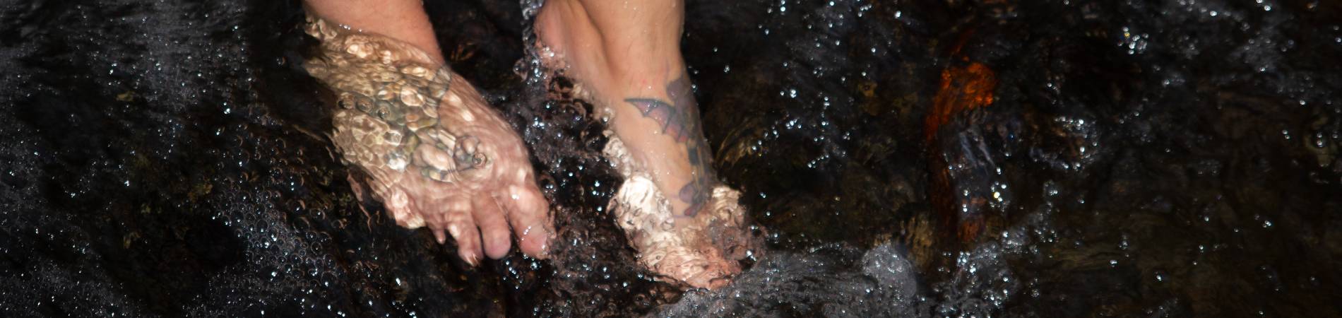 bare feet in nature, in a stream